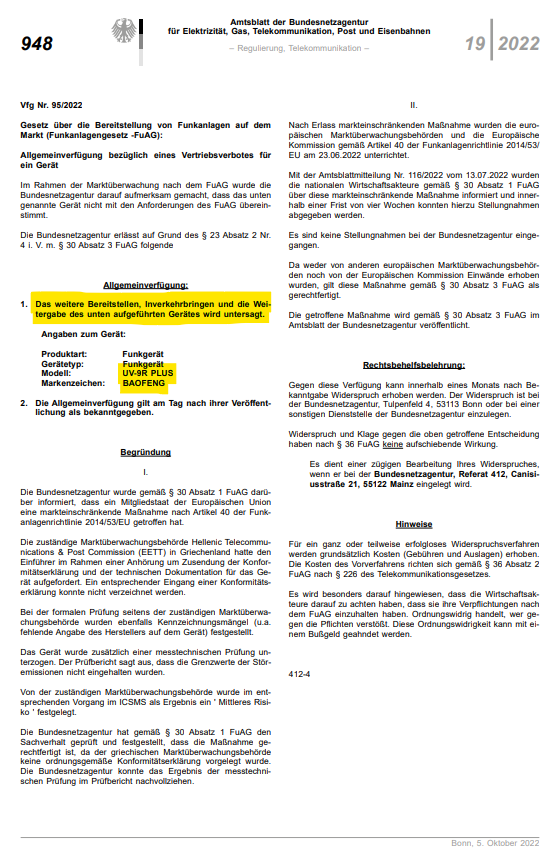 Allgemeinverfügung Baofeng UV-9R